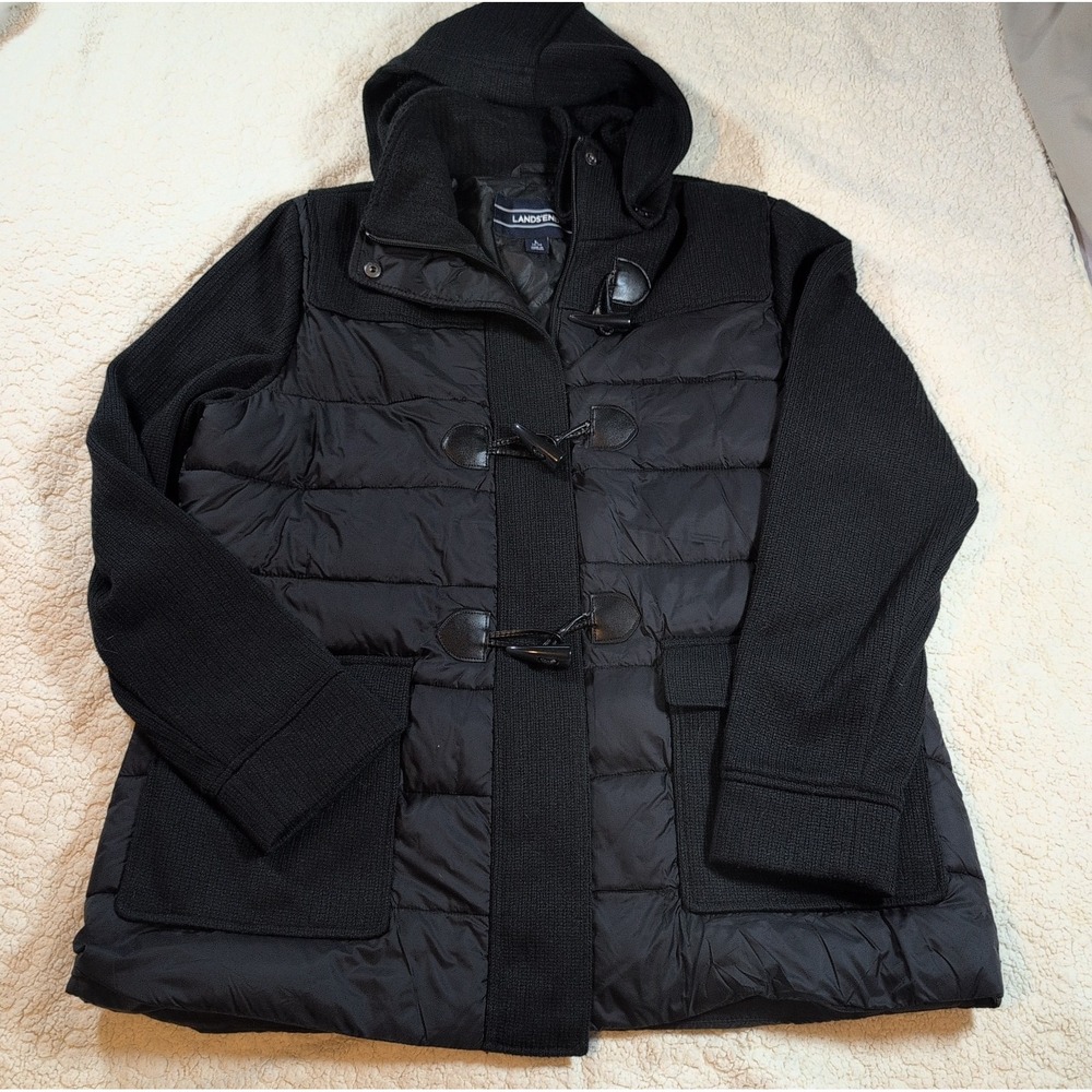 Lands End Womens Large Black Puffer Jacket Quilted Toggle Duffle Coat Hooded L